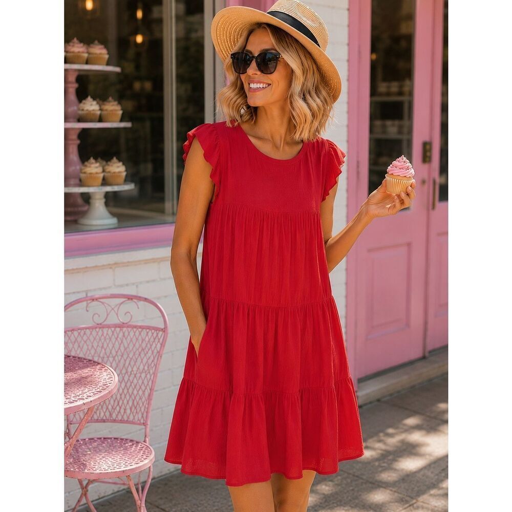 Evelyn Flutter Sleeve Casual Cherry Red Ruffle Tiered Mini Dress Has Pockets L